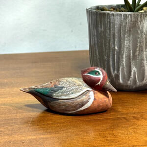 Vintage Green-Winged Teal Duck Mini Decoy Hand Carved Wood 1.5" Tall x 4" w